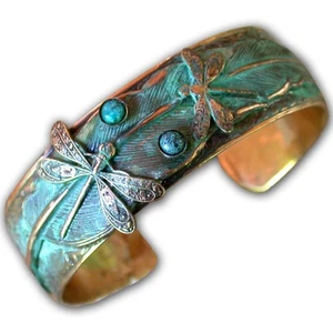 Elaine Coyne Patina Dragonflies on Feather Wearable Art Cuff Bracelet with Tu... - Picture 1 of 4