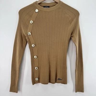 Bebe ребристый вязаный топ Sz L желтовато-коричневый длинным рукавом золотой кнопки логотип Y2K резинке мягкая девочка - Изображение 1 из 4