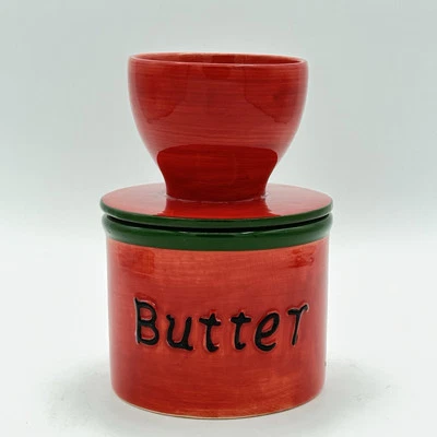 Fine French Butter Keeper Red W/ Green Trim James Designs Sunflowers Collectible - Image 1 of 4