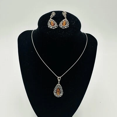 Conjunto de pendientes colgantes collar joyería ámbar plata de ley vintage para mujer báltica Foto 1 de 4