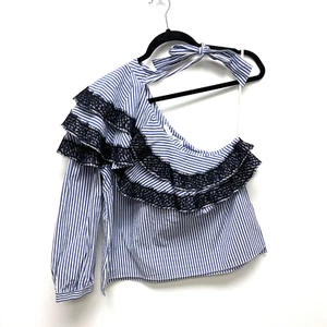 Veronica Beard Womens Blue Pinstriped Isla Ruffle Lace Trim One Shoulder Top 10 - Picture 1 of 10