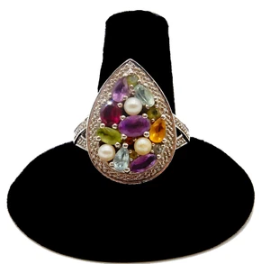 925 sterling silver teardrop shape multi color rhinestone cocktail ring - Picture 1 of 12