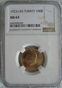 Turkey 1923/43 Gold 100 Kurush NGC MS-63 - Picture 1 of 3