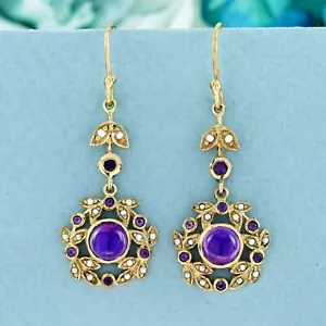 9K Gold Natural Cabochon Amethyst and Pearl Vintage Style Ivy Drop Earrings - Picture 1 of 5