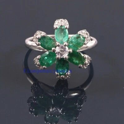 Smeraldo Naturale E Zirconia Cubica Gemme Con 925 Argento Anello per Donna #8899 - Immagine 1 di 4