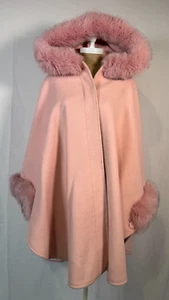 $1.150 Lussuoso blush rosa lana cashmere pelliccia di volpe orlo cappotto giacca avvolgente taglia XL - Foto 1 di 18