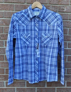 Panhandle Rough Stock Stretch Plaid Pearl Snap Western Button Up Shirt Blue S - Picture 1 of 8