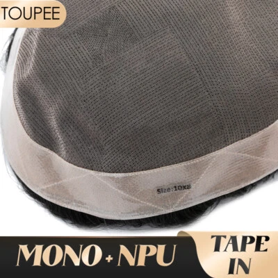 Durable Mens Toupee Human Hair Replacement System Hairpiece Fine Mono Poly Skin - Image 1 of 4