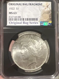 1922 Peace Silver Dollar - NGC MS63 Original Bag Fragment Series - Picture 1 of 2