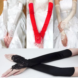 New Women Long Wedding Lace Satin Bride Gloves Fingerless Party Bridal Dress - Picture 1 of 9