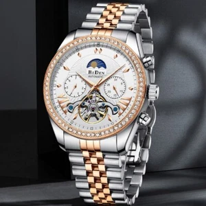 Mechanical Automatic Men's Moon Phase Watch Skeleton Stainless Steel Wristwatch - Picture 1 of 15