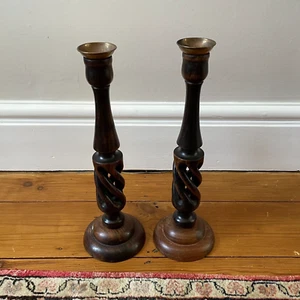 Pair of Antique Wooden Brass Candlestick Holder Candle Stick Wood Vintage Twist - Picture 1 of 8