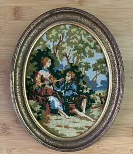 Vintage Petit Point Needlepoint Courting Couple Embroidery Oval Gold Frame 9.5” - Picture 1 of 5