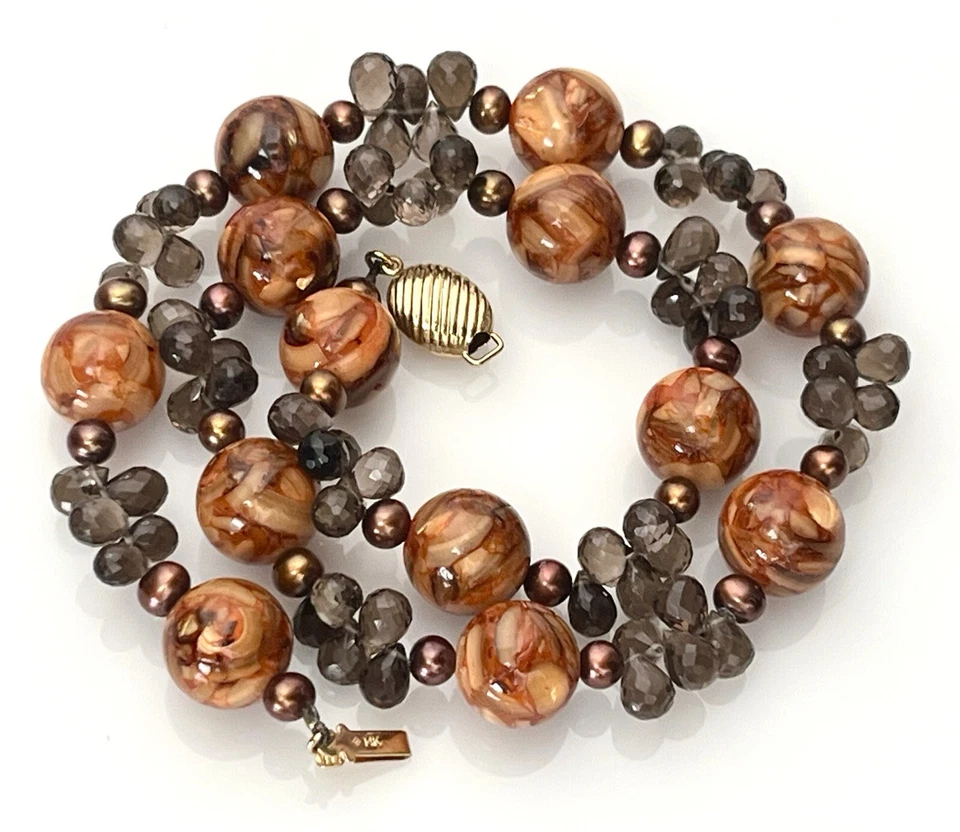 Jewelmak Designer 17.25 " 14k Gelbgold Halskette Perlen Rauchige Quarz Strand - Image 1 of 4