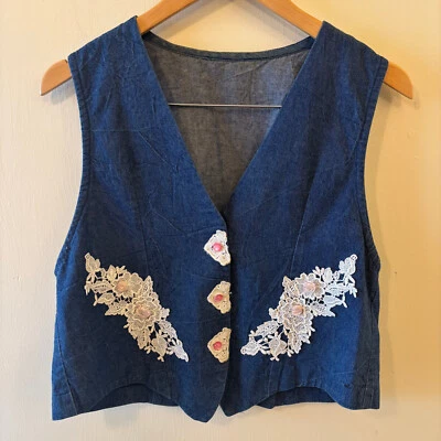 Chaleco Jean Vintage Para Mujer Talla Mediana Bordado Floral Rosa Cottage Core Azul Foto 1 de 4