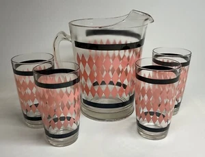 Jarra Argyle y 4 vasos vintage años 50 Hazel Atlas rosa diamante negro arlequín - Imagen 1 de 17
