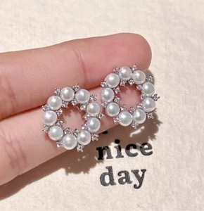 Pendientes plata de ley 925 natural redondo blanco perla mar sur - Imagen 1 de 6