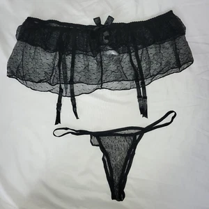 Women black sheer lace 2 piece suspender belt lingerie set one size uk 16/18 - Picture 1 of 5