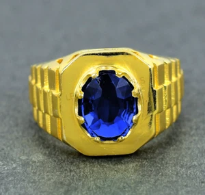 Natural Sapphire Gemstone Handmade Ring for Men's 18k Solid Yellow Gold Ring - Picture 1 of 3