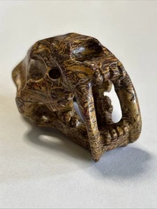 2.2  Inch Golden Silk Stone Carved Saber-Tooth Tiger Crystal Skull Pendant - Picture 1 of 8