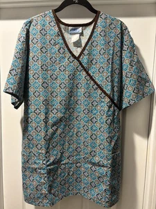 SB Scrubs Brown And Teal Geometric Medical Scrub Top Mock Wrap Size 2X - Picture 1 of 11