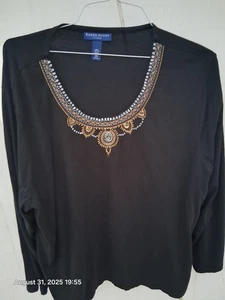 Top negro Karen Scott para mujer manga 3/4 adornado con tachuelas cuello dividido talla XL 47top - Imagen 1 de 3