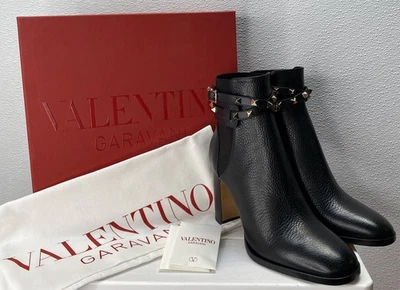 Botas de tornozelo femininas Valentino Garavani Rockstud couro de bezerro granulado tamanho 8.5 preto - Imagem 1 de 4