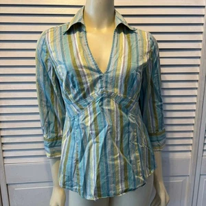 Camicia donna Ann Taylor LOFT a righe con bottoni taglia 10 blu verde - Foto 1 di 11