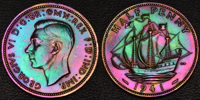 1941 Reino Unido Inglaterra medio centavo impresionante tono arco iris (L45-48) Foto 1 de 3