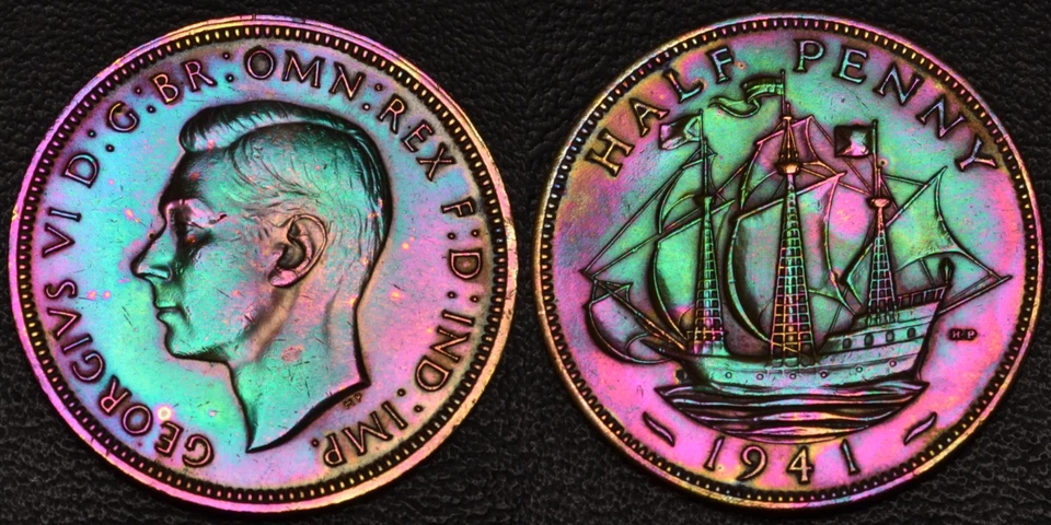 Medio centavo Reino Unido Inglaterra 1941 impresionante tono arco iris (L45-48) Foto 1 de 3