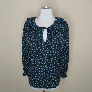 Ann Taylor LOFT Floral Blouse Medium Women's Ruffled Long Sleeve Black Blue - Picture 1 of 7