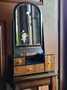 Antique Japanese Kyodia Dresser Top Vanity Etched Mirror Asymmetrical 3 Drawers