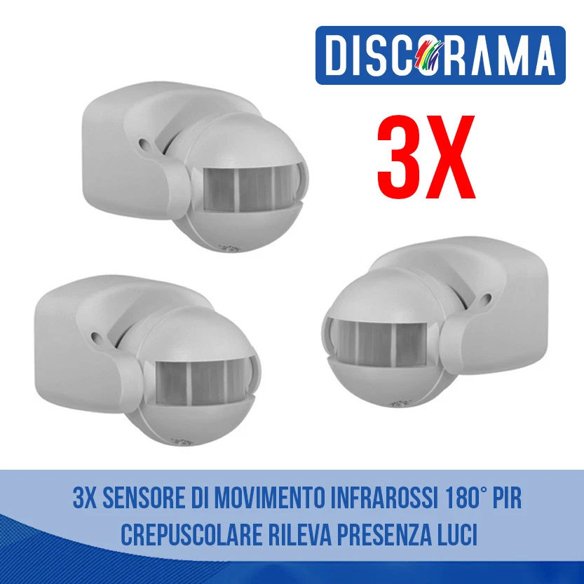 3X SENSORE DI MOVIMENTO CREPUSCOLARE INFRAROSSI 180° PIR RILEVA PRESENZA LUCI  - Immagine 1 di 1