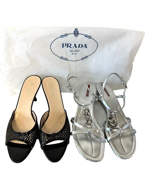 Par de sandálias Prada Designer prata metálica e couro envernizado preto tamanho 39 - Imagem 1 de 4