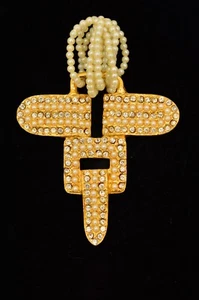 Vintage Pendant Faux Seed Pearl Brushed Gold Rhinestone Statement 1980s BinF - Picture 1 of 12
