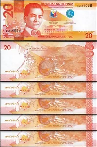 Philippines 20 Piso 2022, UNC, 5 Pcs LOT, Consecutive, P-New (206d), Prefix CU - Picture 1 of 4