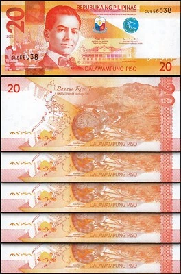 Philippines 20 Piso 2022, UNC, 5 Pcs LOT, Consecutive, P-New (206d), Prefix CU - Image 1 of 4