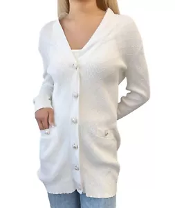 CHANEL Vintage 13P CC Mark Logo Knit Cardigan #36 White Cream Cotton Button - Picture 1 of 11