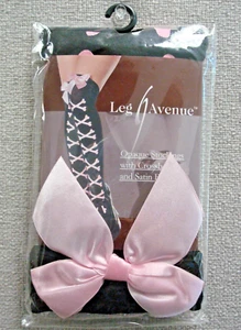 PARTY COSTUME FUN PINK CROSS BONE PRINT BOW PIRATE WENCH OPAQUE STOCKINGS NEW - Picture 1 of 3