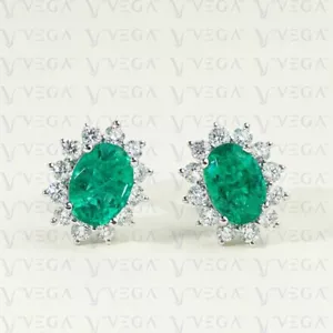 5.00ct Oval Cut Natural Emerald & Diamond Stud Earring 14K Solid White Gold - Picture 1 of 12