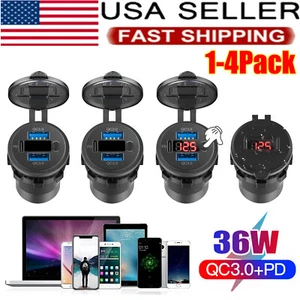 12V-24V PD + QC3.0 Dual USB Car Fast Charger Power Socket Outlet LED Voltmeter - Picture 1 of 10
