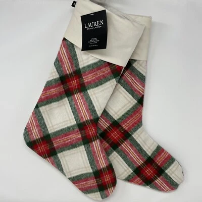 Lauren Ralph Lauren Plaid Red Beige Cuff Christmas Stocking 20" Set of 2 - Image 1 of 4