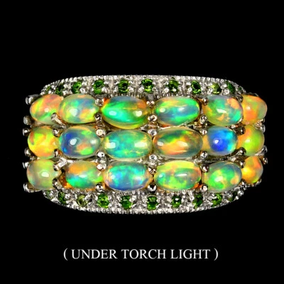 925 Anello Argento Sterling Ovale Fuoco Opale Cromo Diopside Gemma Gioielli - Immagine 1 di 4