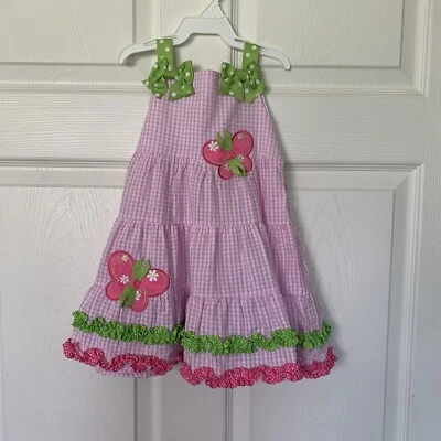 Vestido Mariposa Emily Rose Rosa Guinga Seersucker Niñas 2T Solero Volantes Nuevo Foto 1 de 4