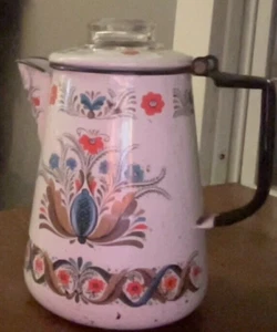 Vintage Enamel Coffee Pot with Glass Top.  8 1/2" Tall. Multicolor. - Picture 1 of 9