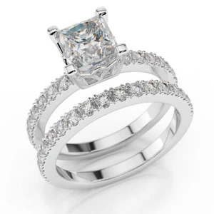 Princess Cut Diamond Engagement Ring Set 14K White Gold Classic 1.05 CT F/SI1 - Picture 1 of 6