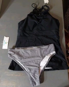 Traje de baño Beach Sissi 2 piezas para mujer Tankini pequeño parte superior inferior negro a rayas nuevo con etiquetas - Imagen 1 de 6
