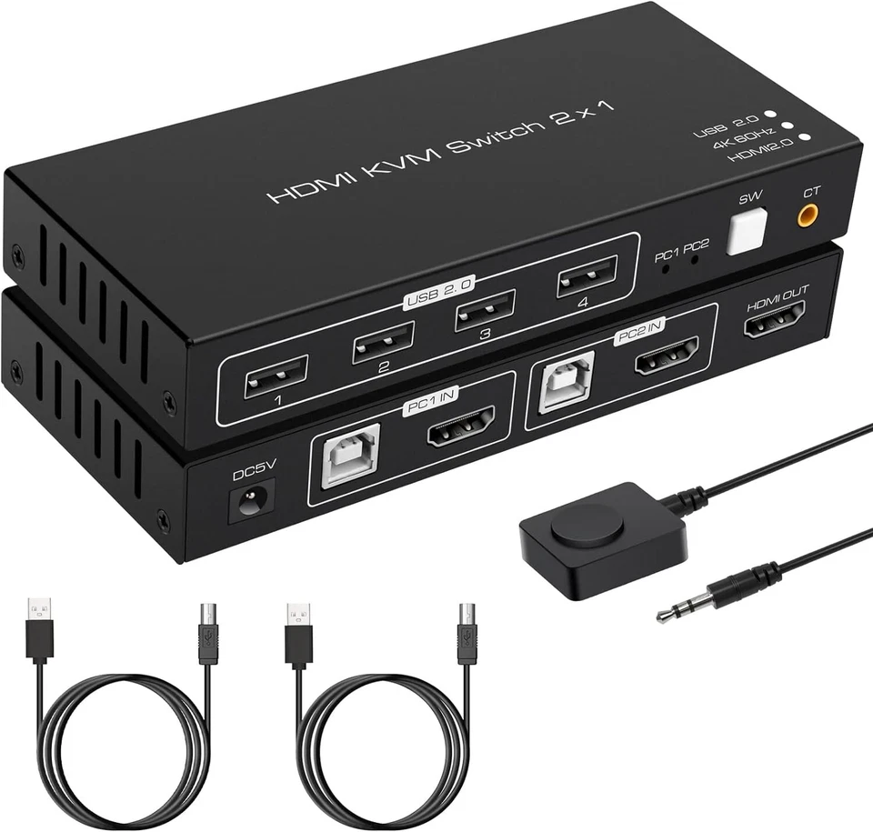 4K KVM Switch: 2 PCs Sharing Monitor, HDMI, Keyboard, Mouse, USB; Windows/MacOS - Image 1 of 1