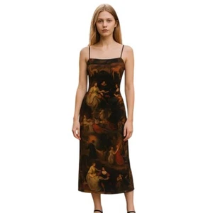 Mittelalter Schlupf Bodycon Kleid groß schwarz Midi Spaghetti Abend elegant Kunstdruck - Bild 1 von 10