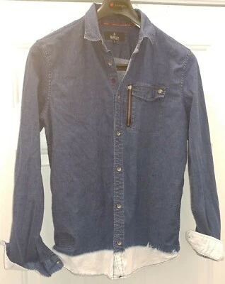 BUFFALO DAVID BITTON MEN'S BLUE COTTON FLIP CUFF LS BLEACHED DENIM SHIRT SIZE M - Image 1 of 4